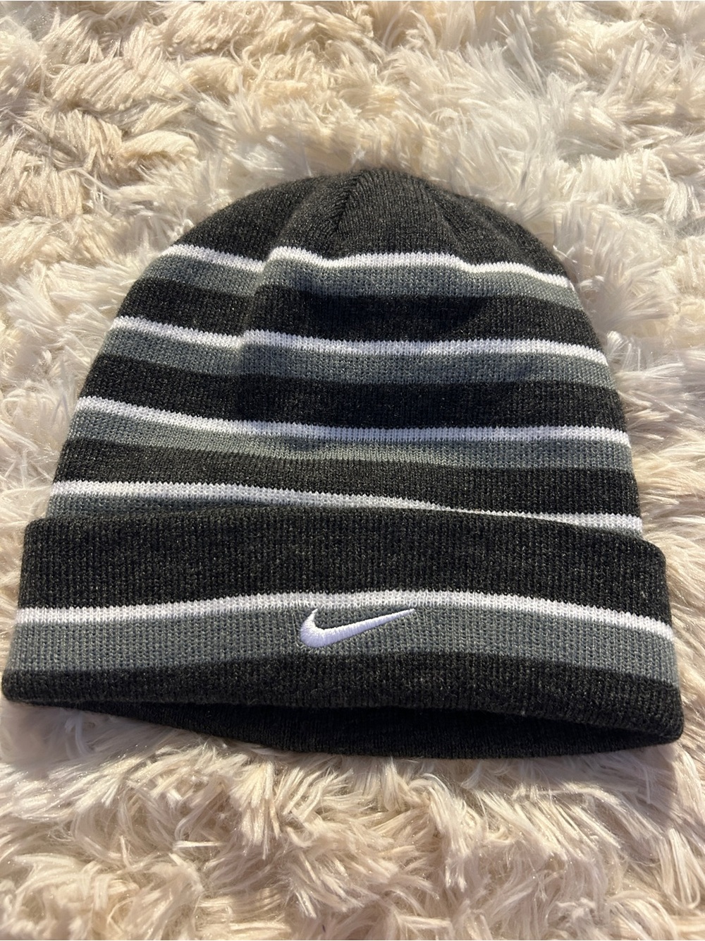 Nike Black, Dark Gray and White Striped Cuffed Beanie